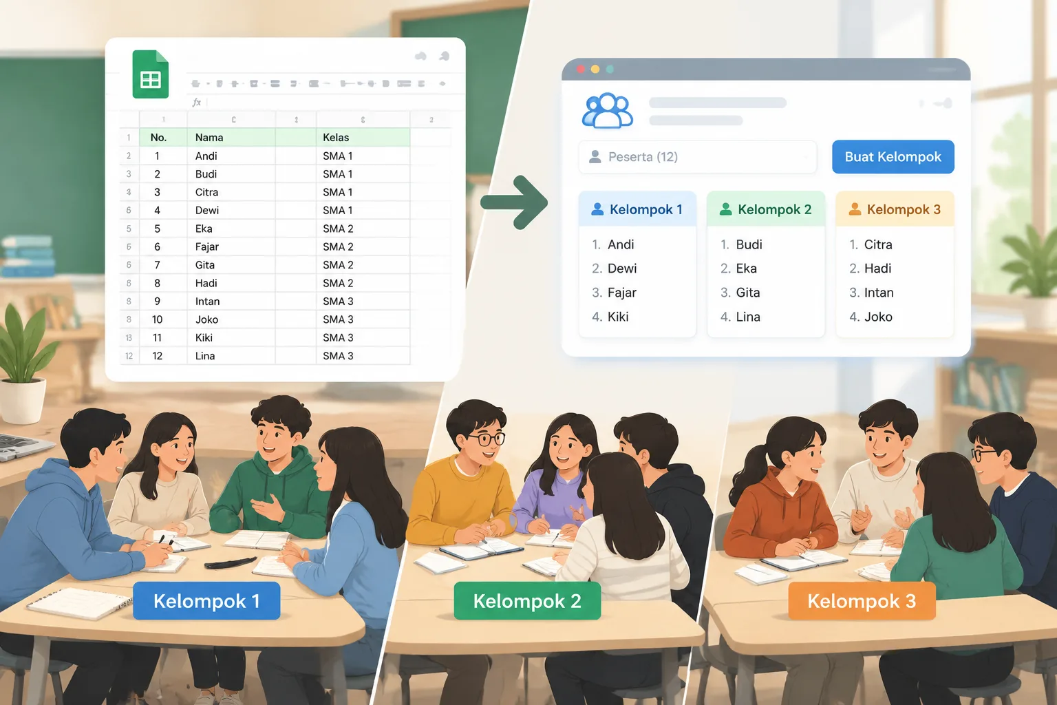 Ilustrasi perbandingan Google Sheets dan generator kelompok online dengan tabel peserta yang berubah