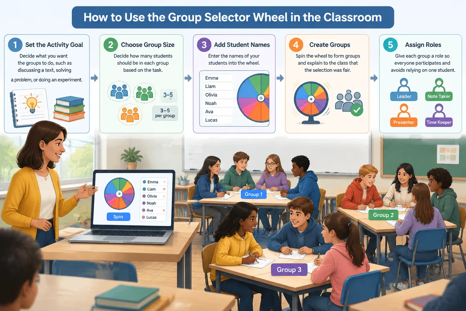 instructional diagram showing numbered steps from entering names to creating classroom groups