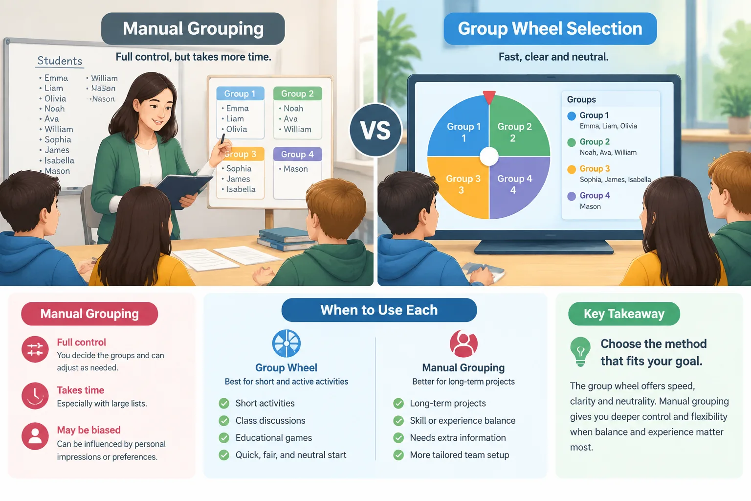 comparison infographic between manual grouping and digital group wheel selection