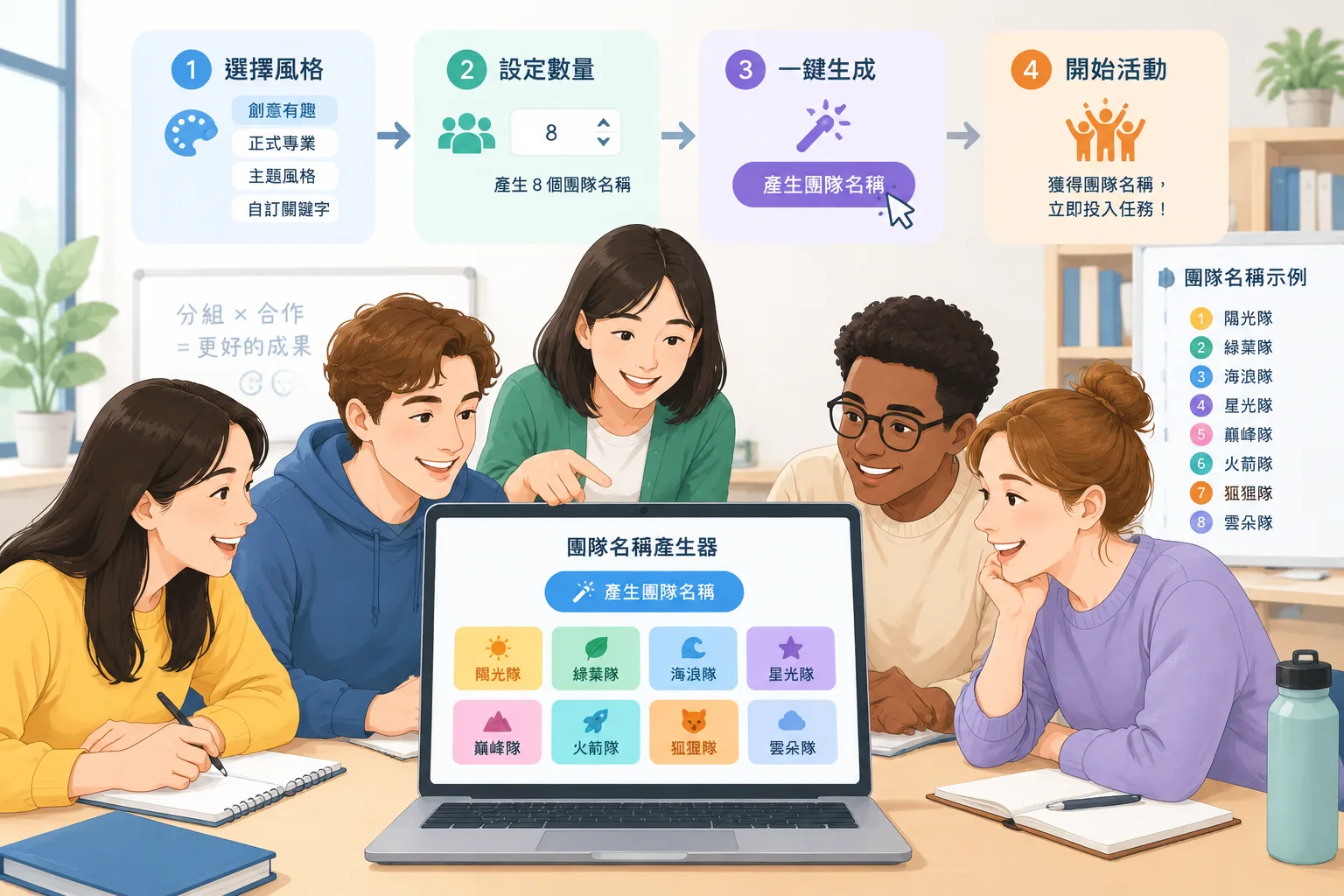 清楚的教學插圖展示不同小組成員透過簡單工具產生團隊名稱的流程圖