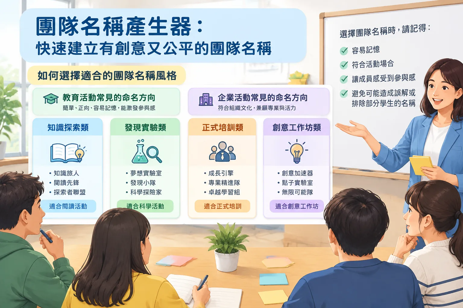 教學工作坊中的分組名稱範例,以卡片形式展示不同團隊命名方向