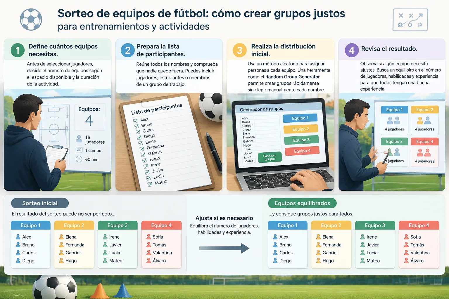 infografía neutral mostrando un sorteo inicial y ajustes posteriores para equilibrar equipos deporti