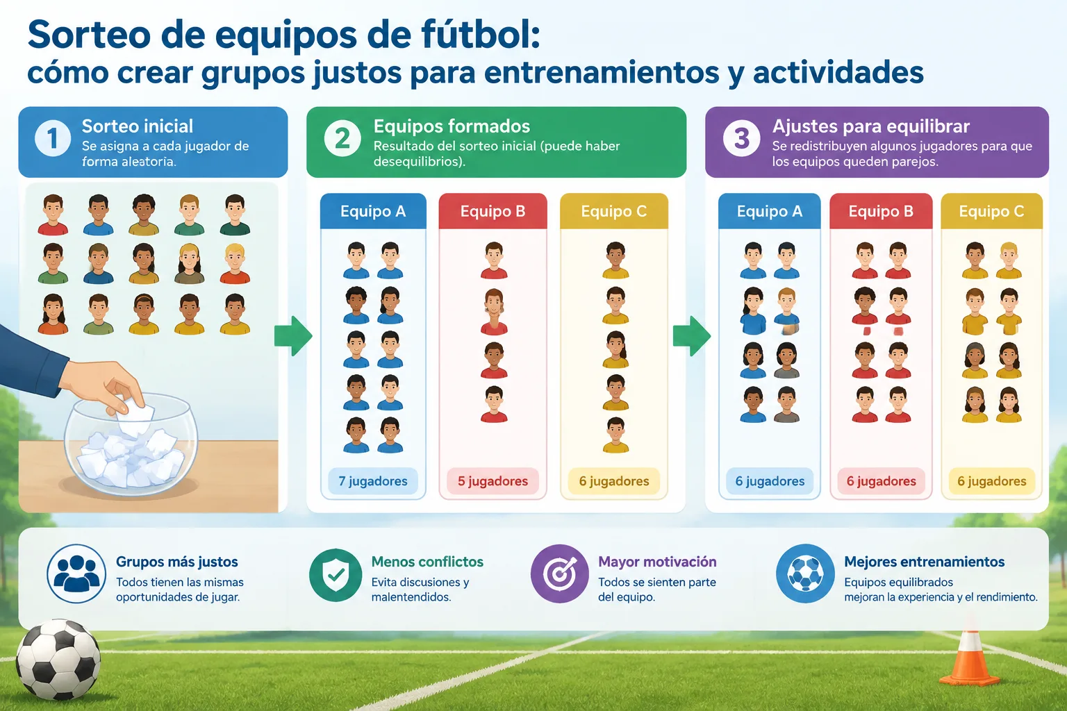 diagrama educativo de jugadores distribuidos aleatoriamente en varios equipos de fútbol con grupos e
