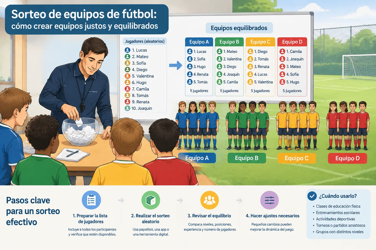 diagrama educativo de jugadores distribuidos aleatoriamente en varios equipos de fútbol con grupos e