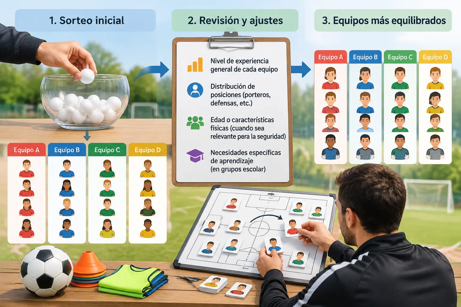 infografía neutral mostrando un sorteo inicial y ajustes posteriores para equilibrar equipos deporti