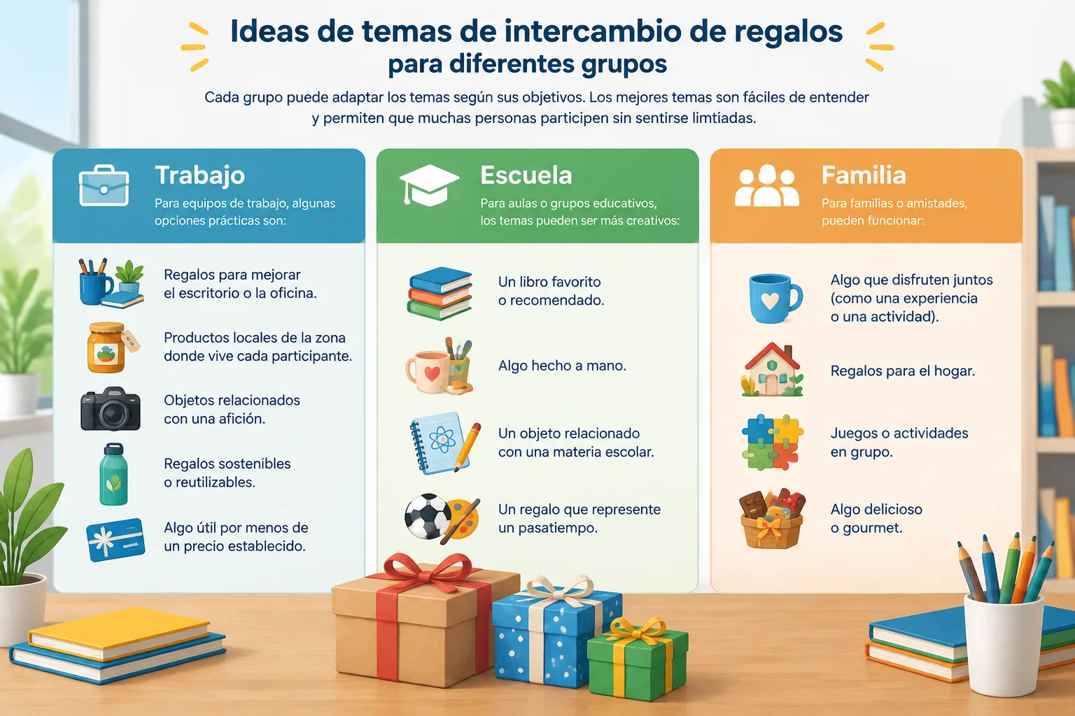 Ilustración de una tabla de ideas de regalos dividida por categorías para trabajo escuela y familia