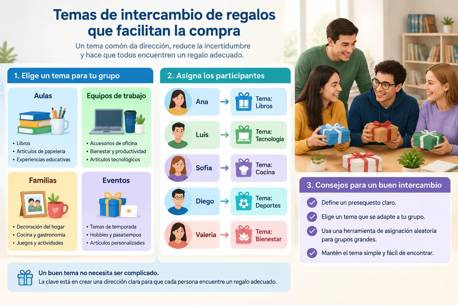 Diagrama educativo con categorías de regalos organizadas en grupos y participantes asignados mediant