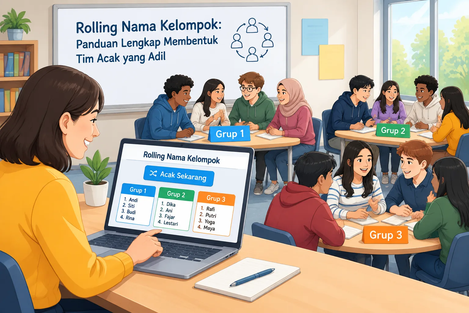 An illustration of a teacher using a random group generator on a laptop