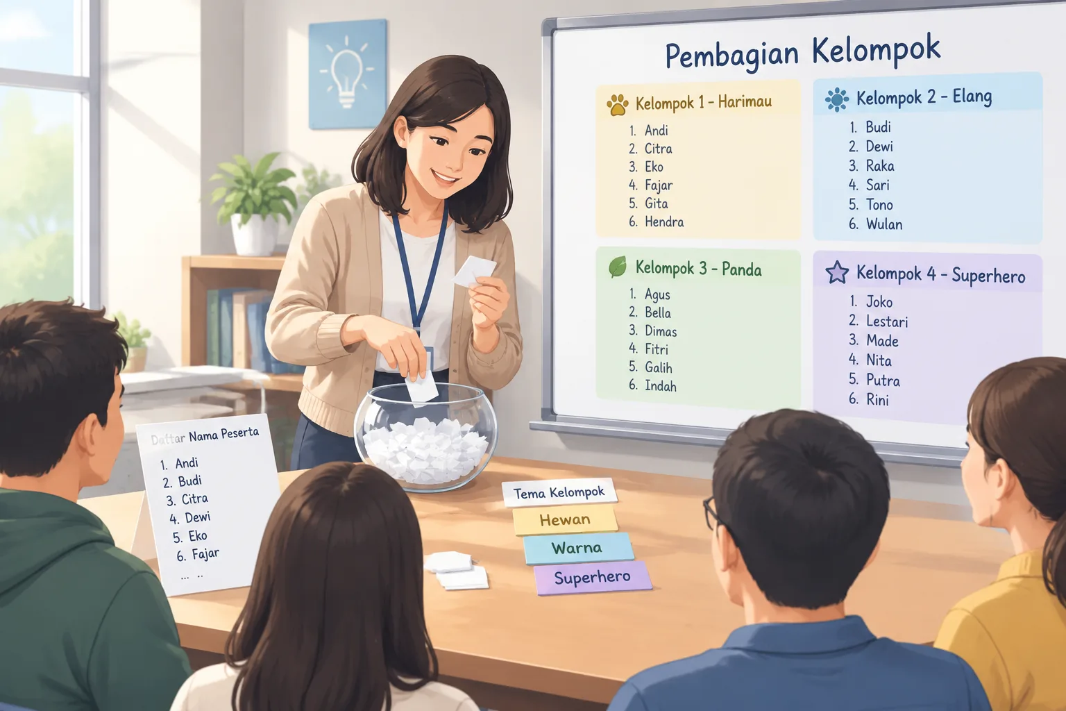 An illustration of a teacher drawing names from a bowl to form random groups