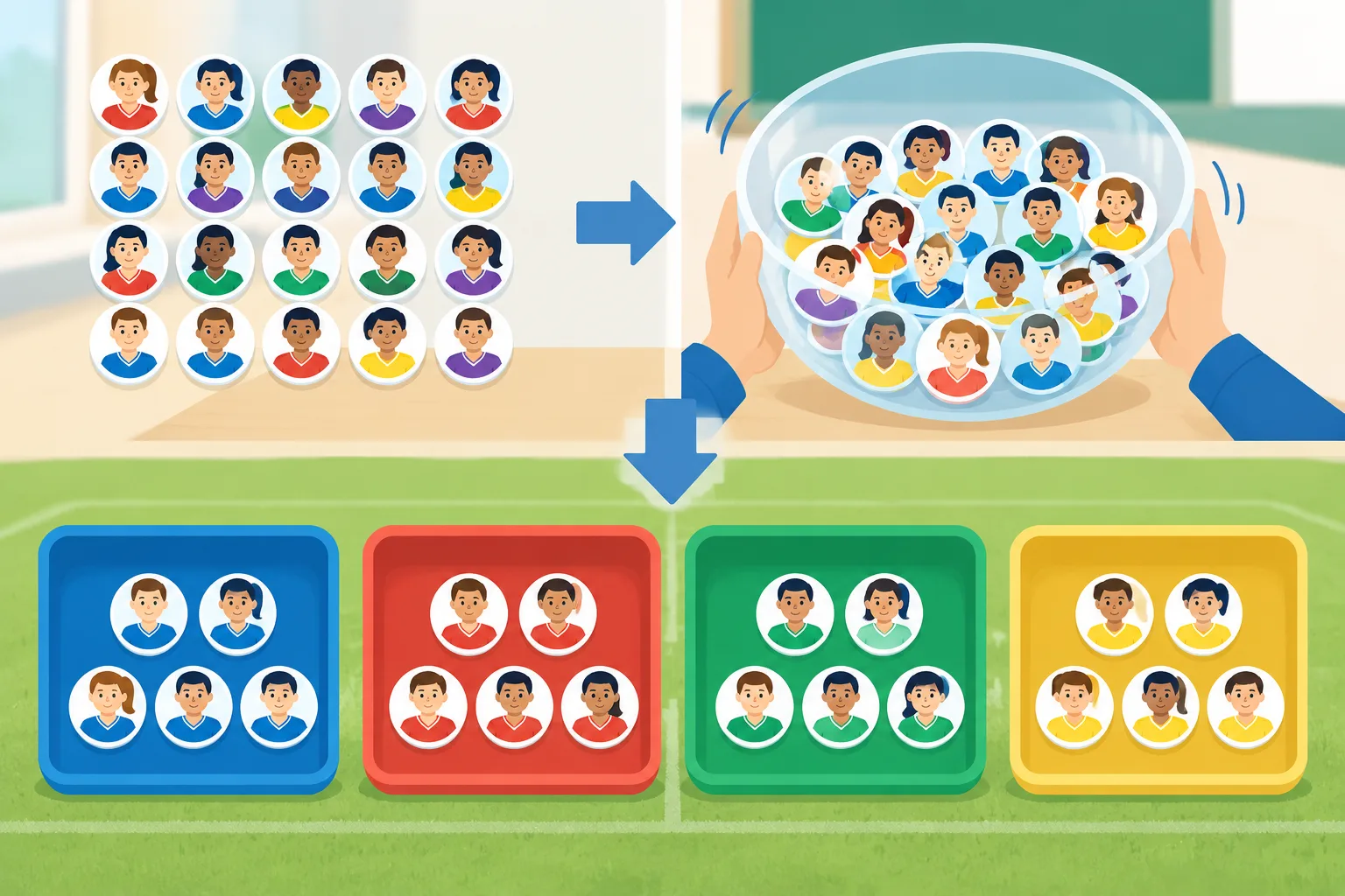 Diagram of twenty player tokens being shuffled and sorted into four equal soccer team boxes