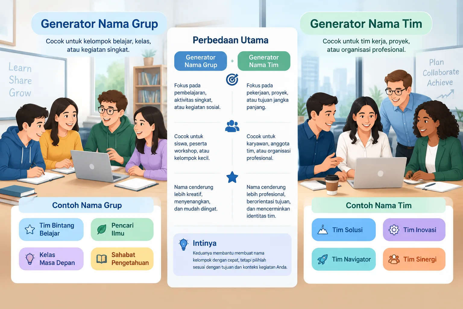 ilustrasi diagram sederhana yang membandingkan kelompok belajar dan tim kerja dengan nama yang dihas