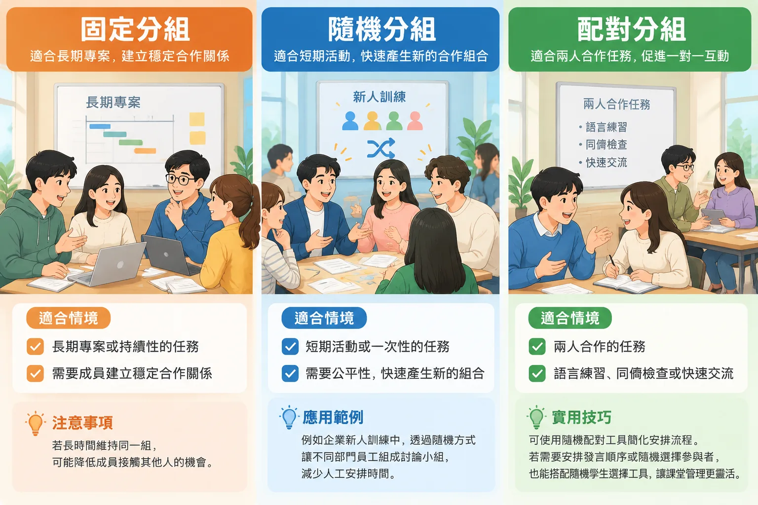 簡潔資訊圖表比較固定分組、隨機分組與配對分組的使用情境