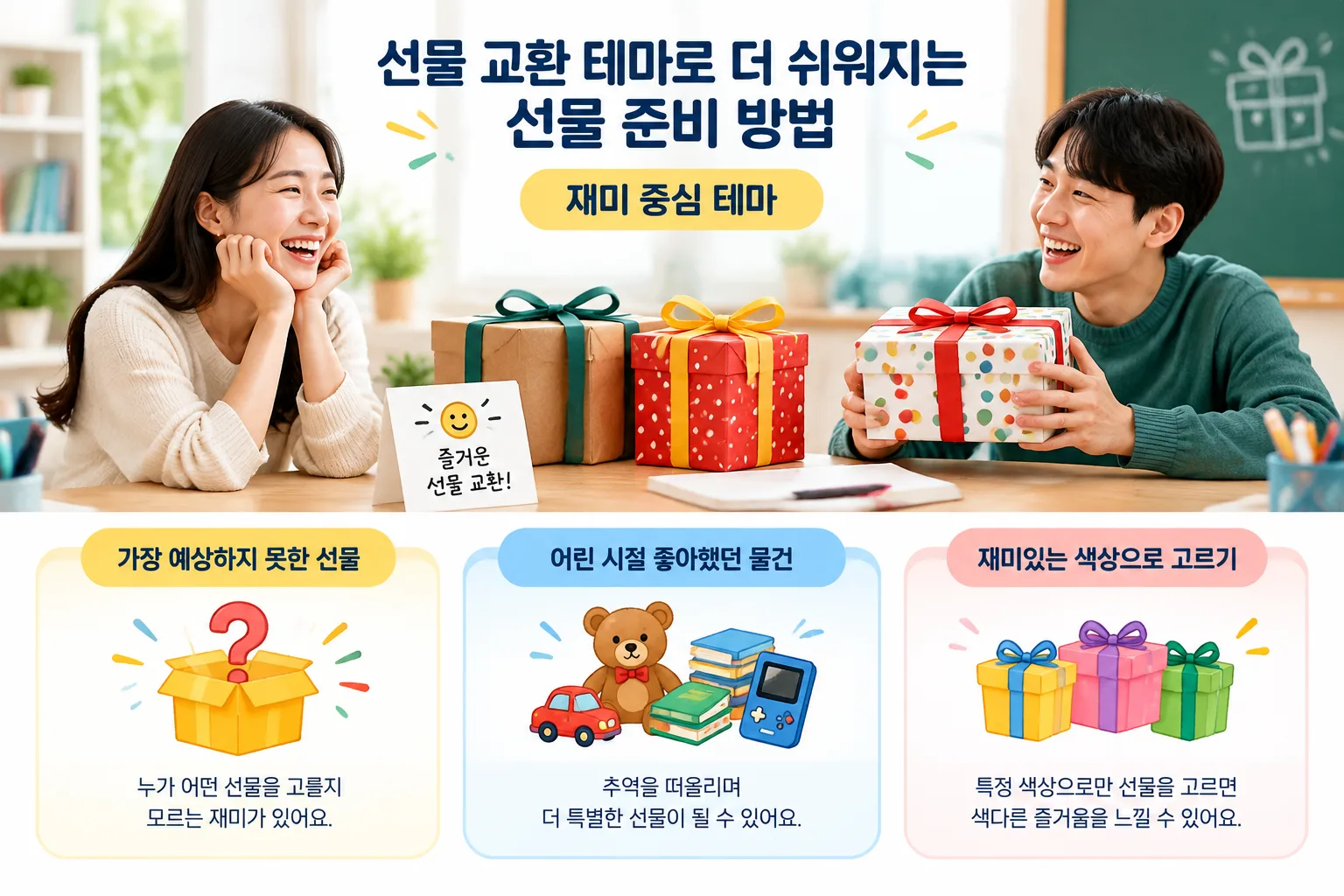 clean infographic comparing practical hobby and fun gift exchange themes with simple icons