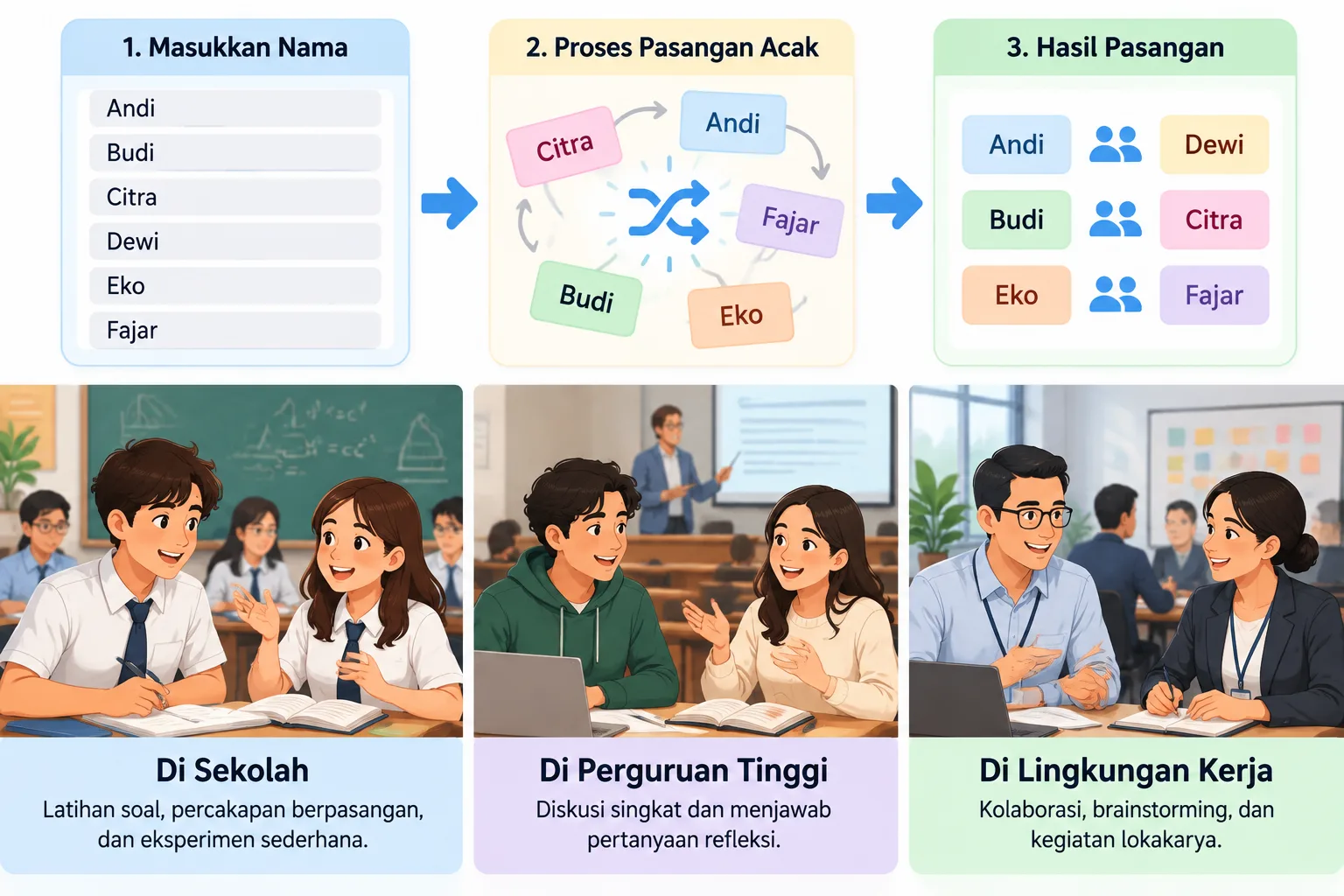 Simple workflow illustration showing input names, random pairing process, and final partner list