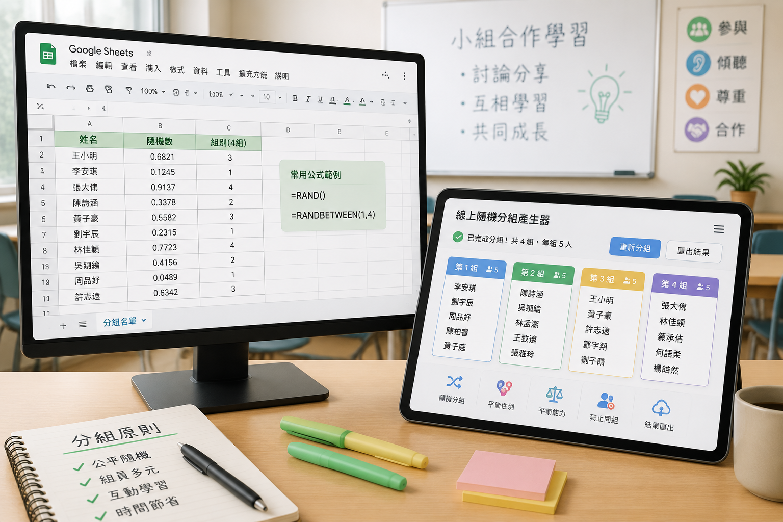 桌上同時放著一台螢幕顯示 Google Sheets 公式畫面，另一台平板顯示線上隨機分組工具的乾淨分組結果，背景是教室或訓練空間的柔和色調。