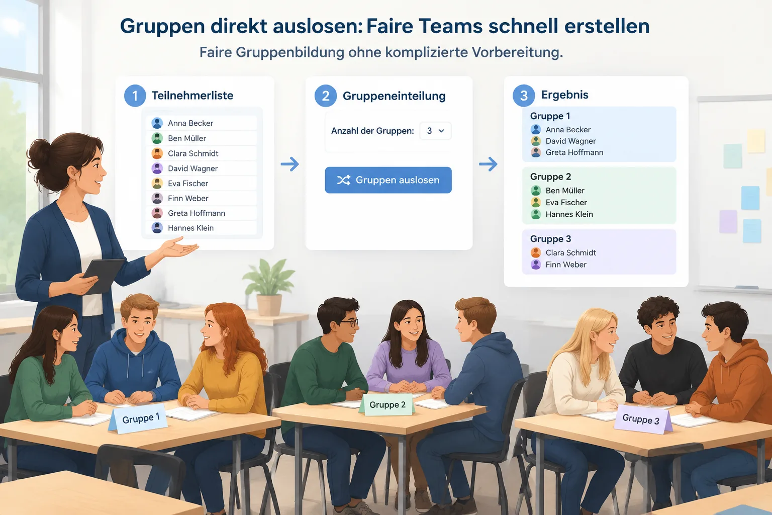 Eine neutrale Darstellung eines Workshop-Ablaufs mit Teilnehmerliste