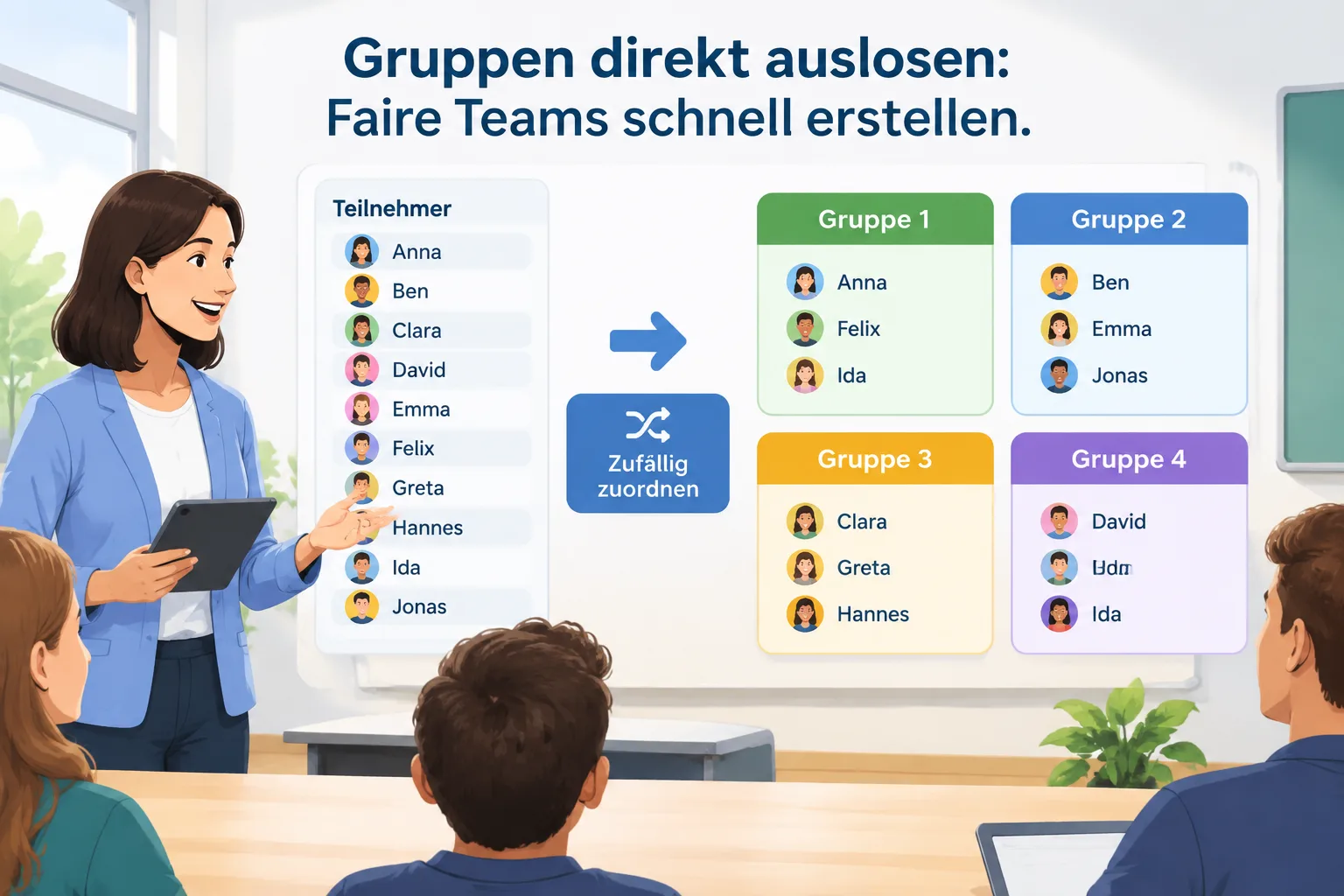 Eine klare Infografik zeigt Teilnehmernamen, die in ausgewogene zufällige Gruppen aufgeteilt werden