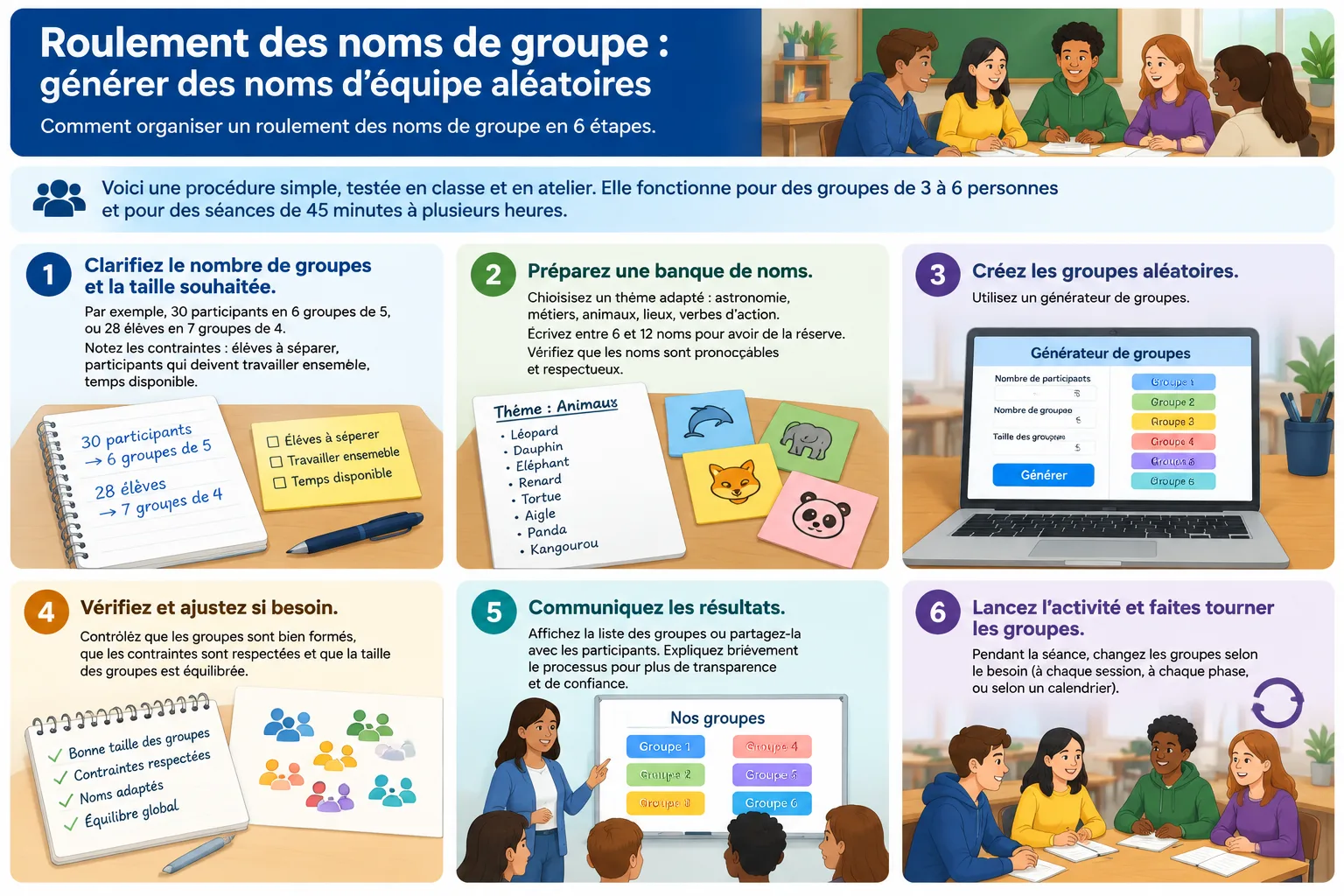 Step by step infographic showing six steps to roll group names fairly in a classroom