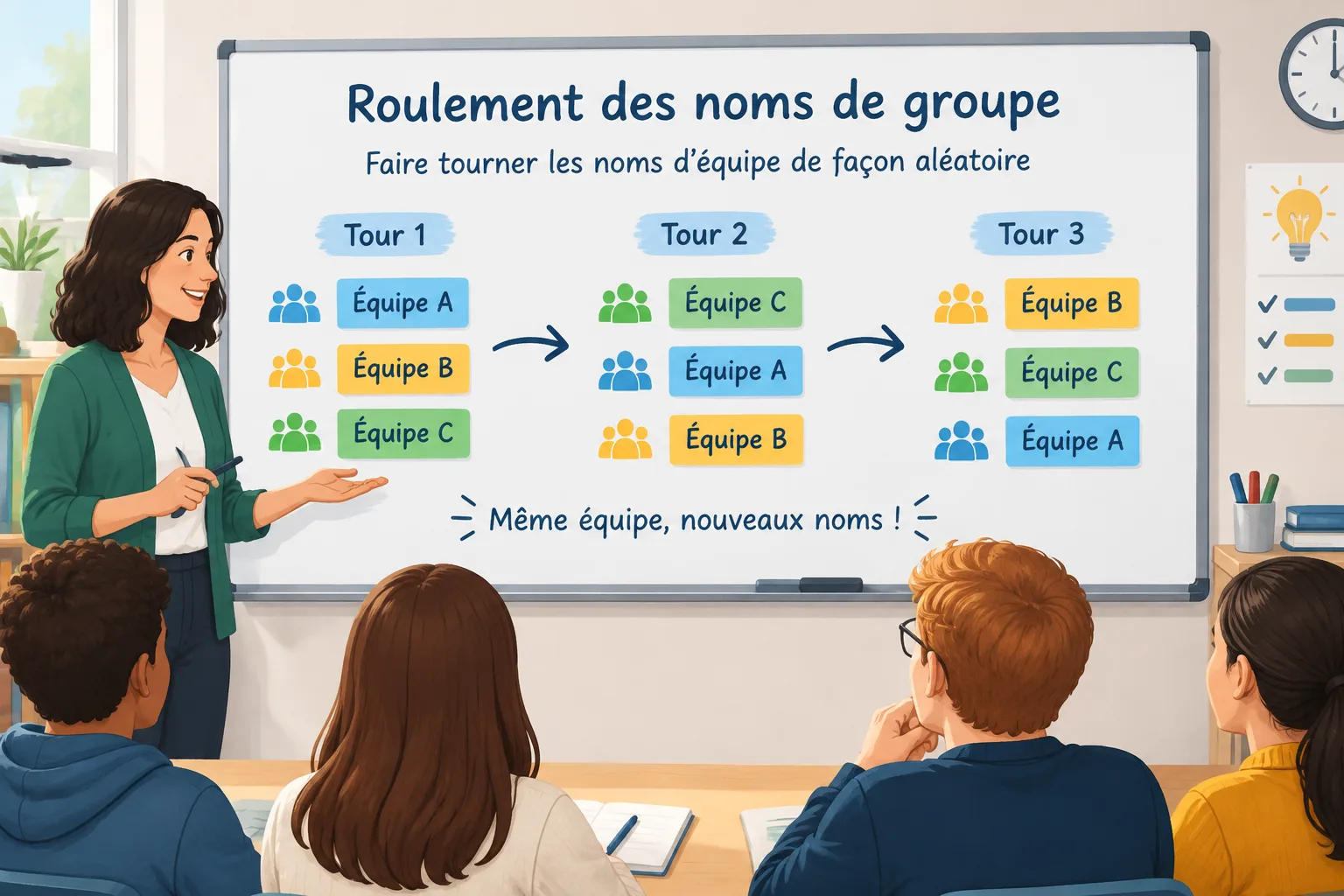 Diagram of rotating group name labels among three teams on a simple classroom board