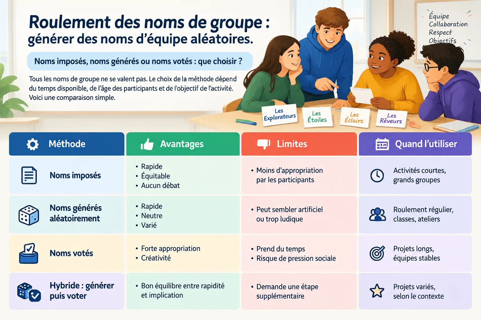 Comparison chart of imposed, randomly generated, and voted group names with pros and cons