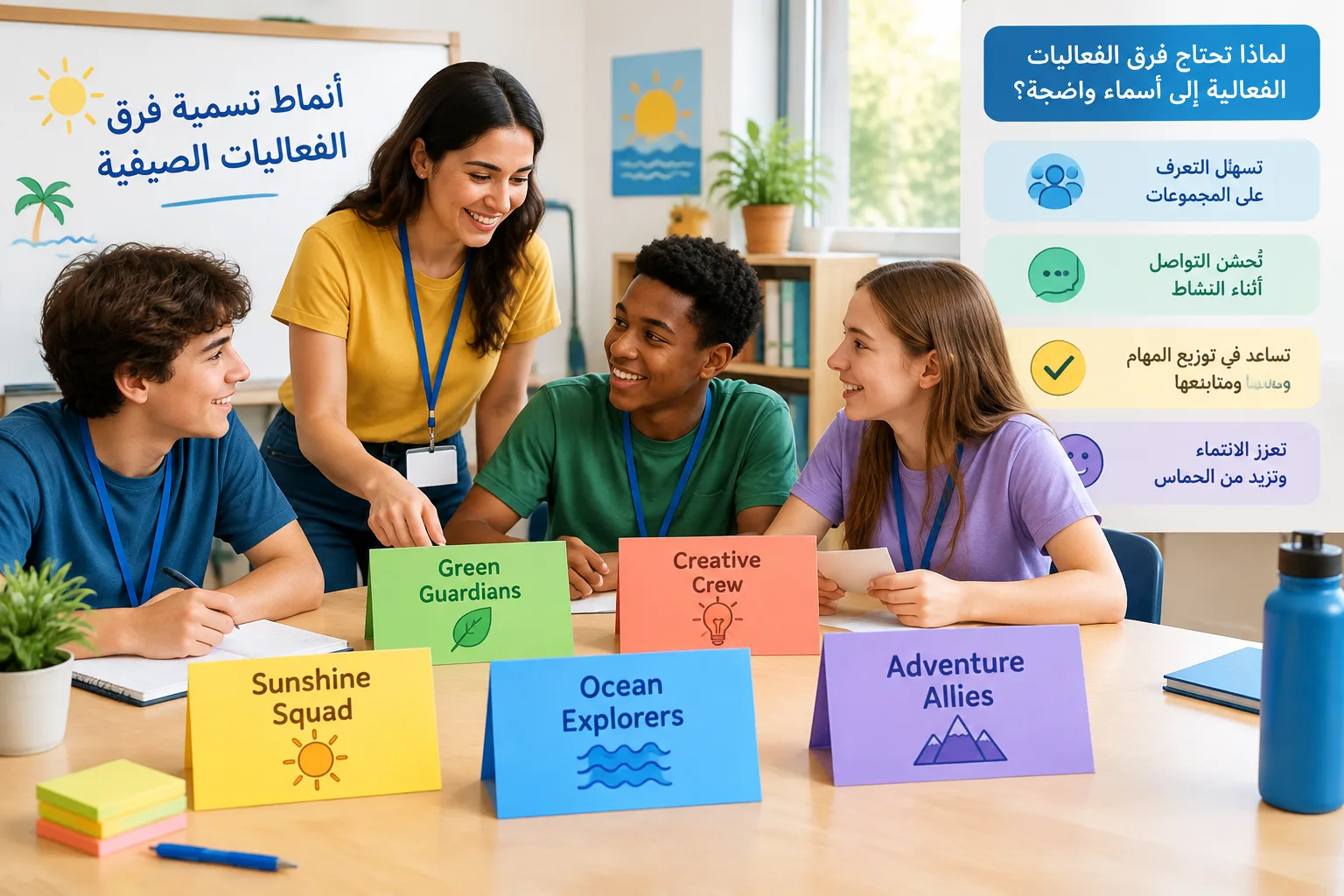 تصميم توضيحي لشبكة مجموعات فعالية صيفية مع بطاقات أسماء فرق ملونة بطريقة تعليمية بسيطة