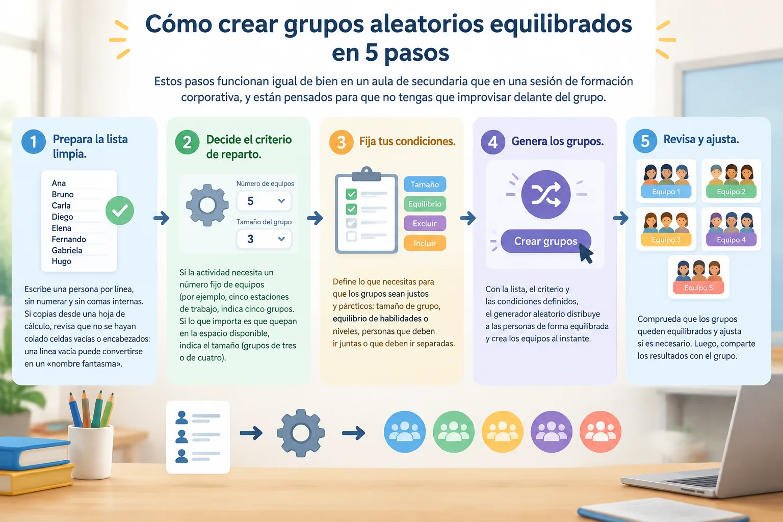 Diagrama de flujo de cinco pasos que muestra cómo pasar de una lista de nombres a grupos equilibrado