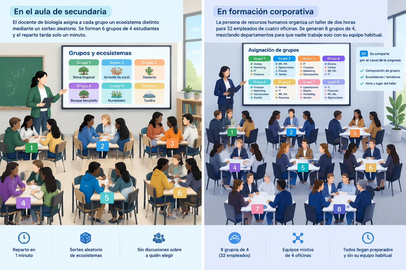 Escena de taller neutral con participantes distribuidos en varias mesas numeradas