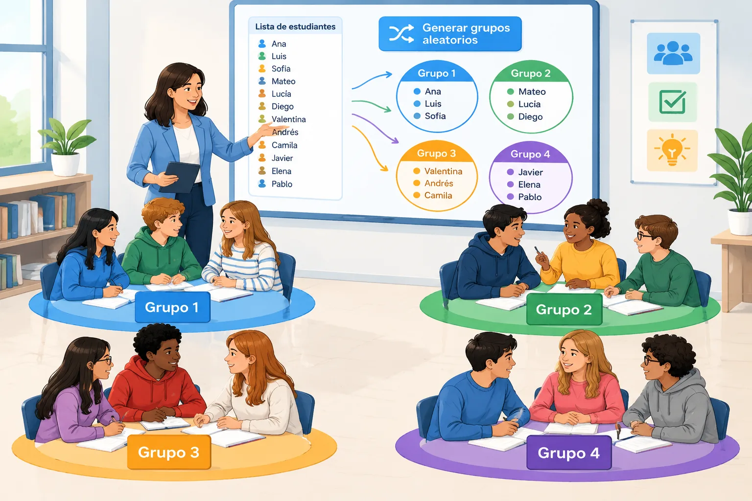 Ilustración instructiva de un docente dividiendo una clase diversa en cuatro grupos equilibrados