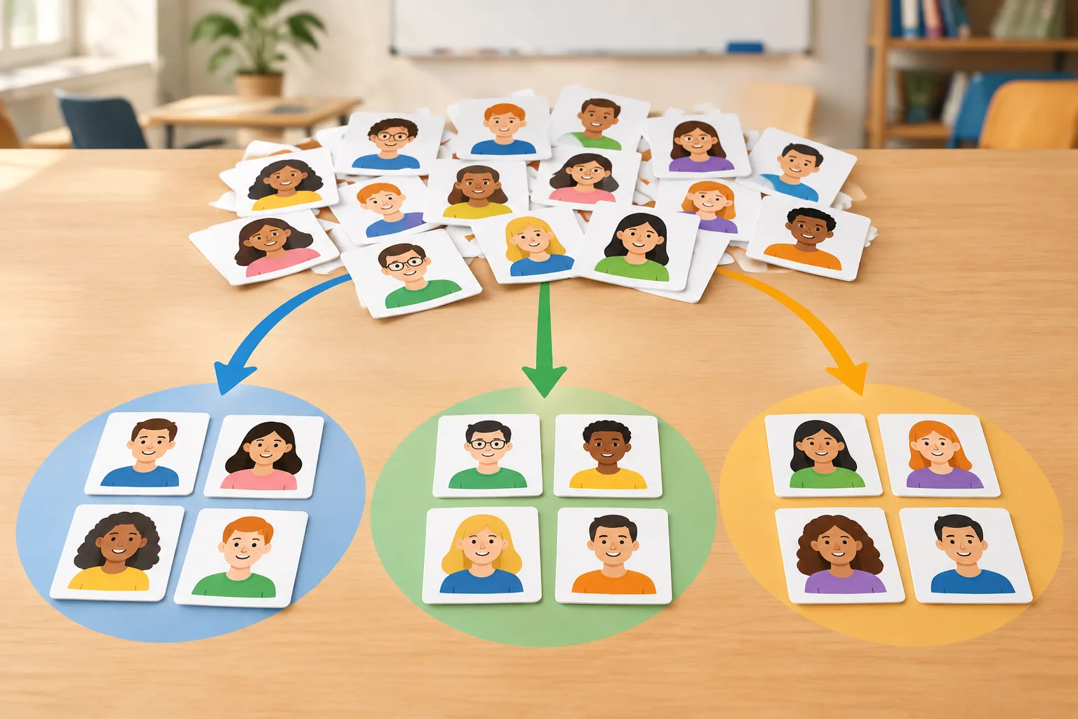 clean instructional illustration of a shuffled list of name cards splitting into three balanced grou