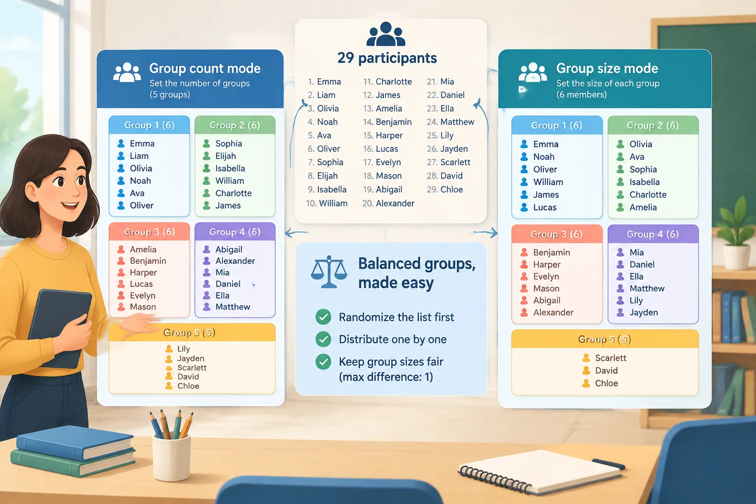 diagram comparing group count mode and group size mode, showing 29 names split into balanced groups