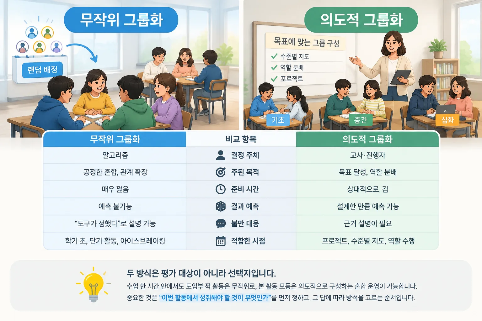 clean instructional diagram comparing a randomized grouping grid and a teacher-designed grouping gri