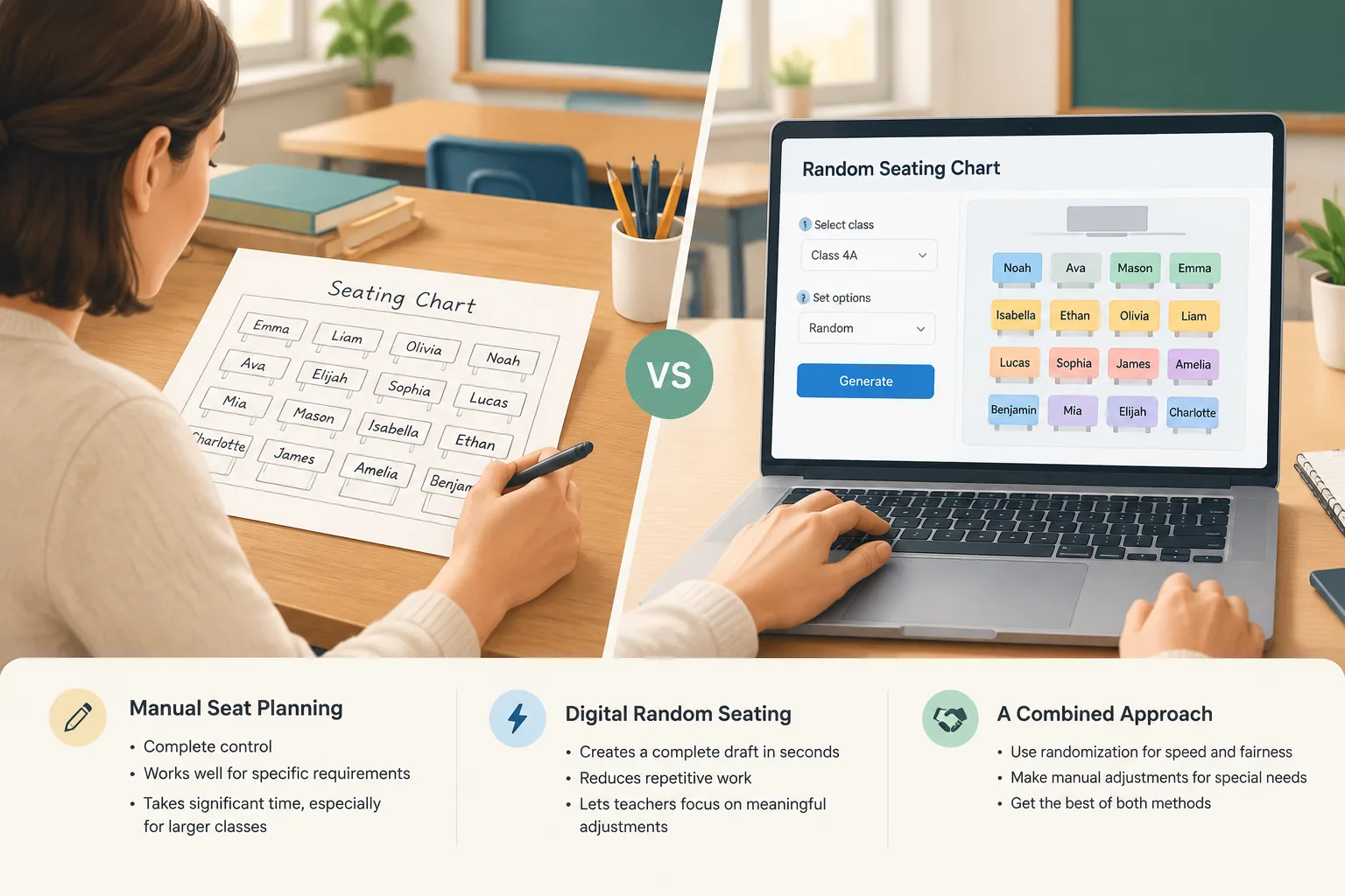 Comparison illustration showing manual seat planning on paper versus digital random seating workflow