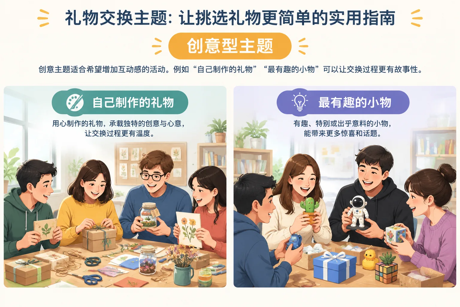 instructional diagram comparing practical creative and hobby based gift exchange themes