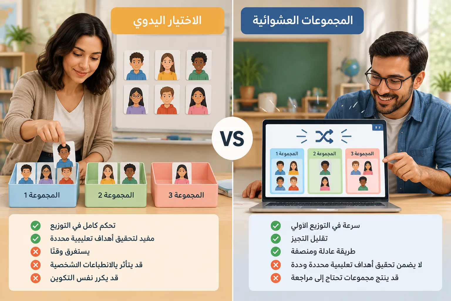 مقارنة بصرية بين الاختيار اليدوي والتوزيع العشوائي في جدول تعليمي بسيط