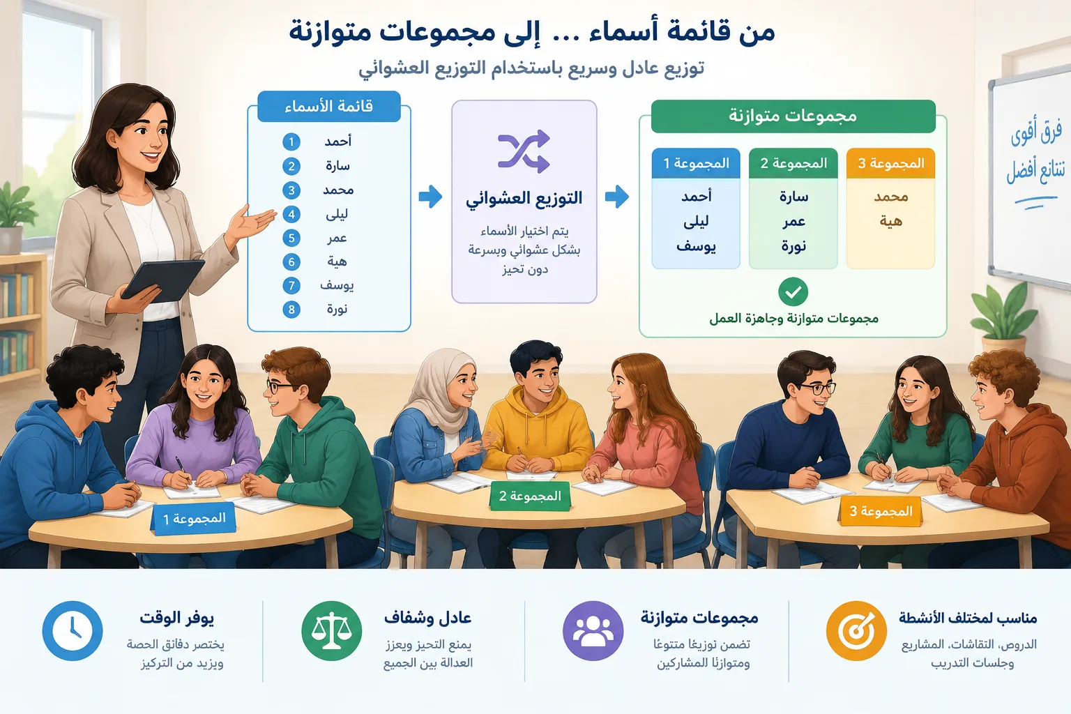 رسم تعليمي يوضح قائمة أسماء تتحول إلى مجموعات متوازنة باستخدام مخطط بسيط