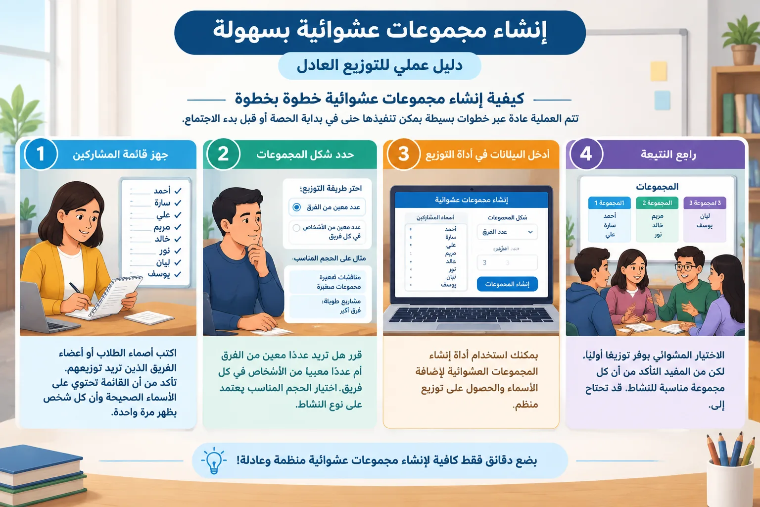 مخطط خطوات مرقمة يوضح إدخال الأسماء واختيار حجم المجموعة وعرض النتائج