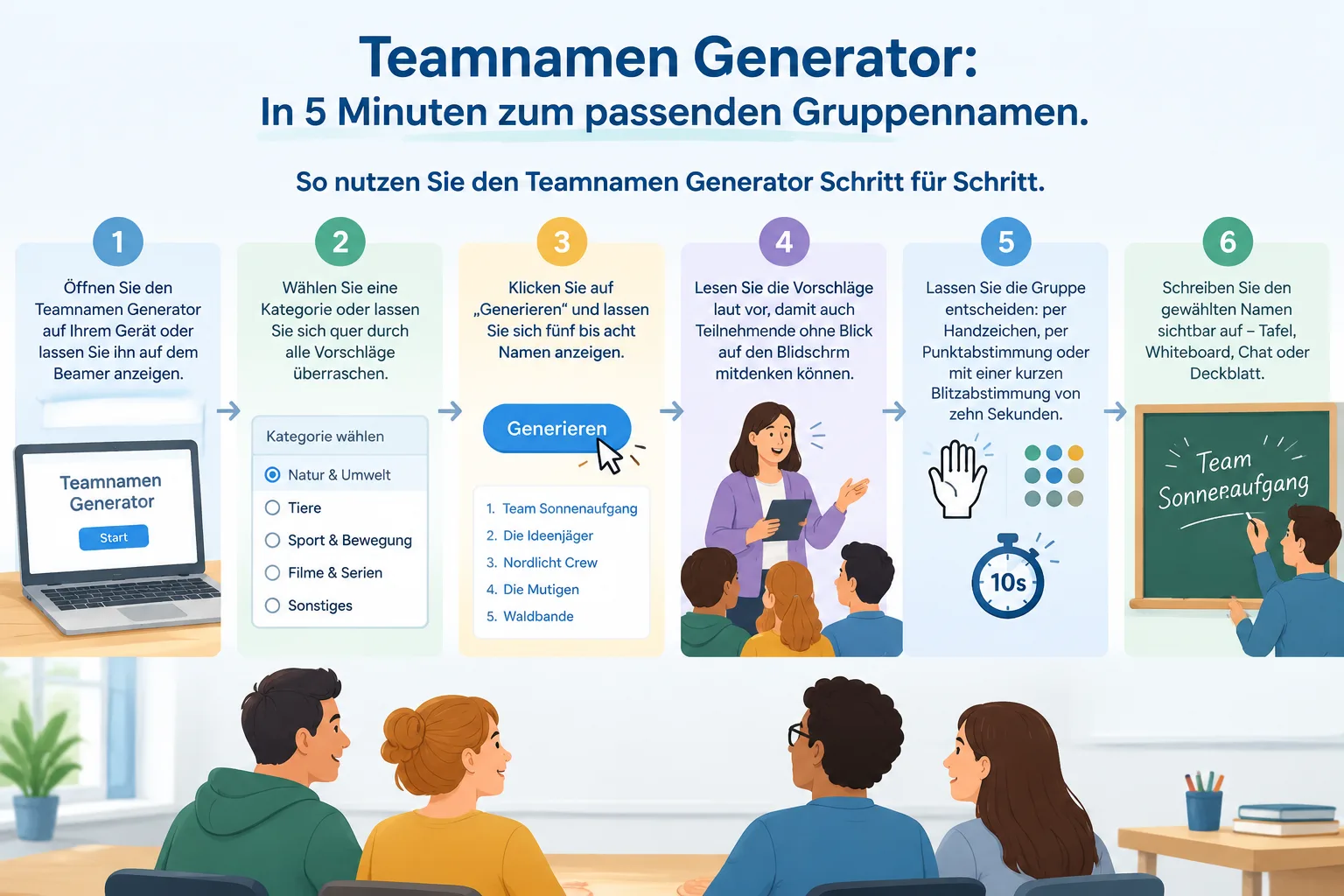 Sechs nummerierte Schritte als schlichtes Ablaufdiagramm vom Öffnen der Seite bis zum sichtbaren Gru
