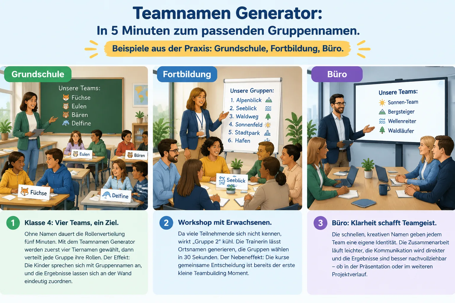 Drei nebeneinander angeordnete Mini-Szenen – Klassenzimmer