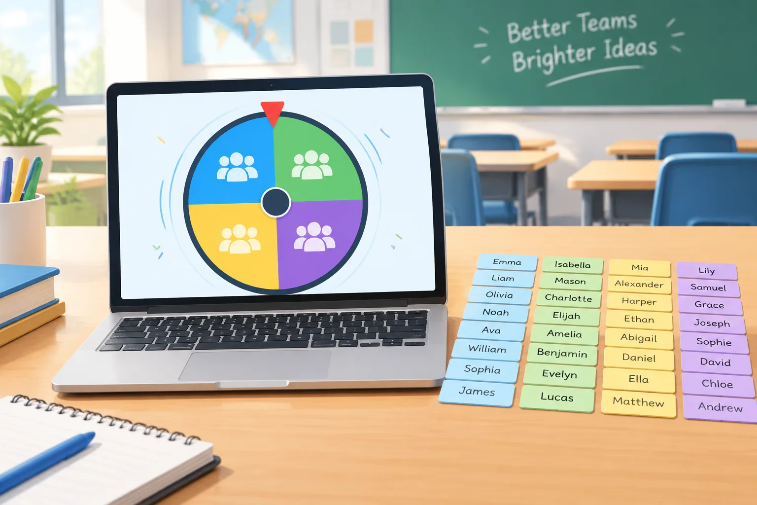 A laptop on a classroom desk showing a colorful spinning wheel with student name cards beside it