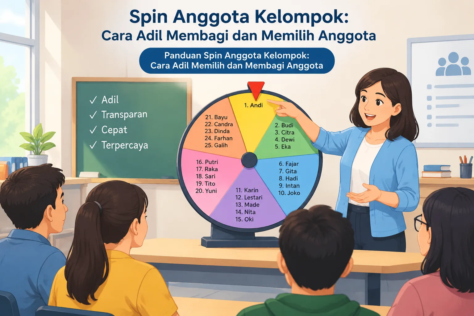 Diagram roda putar dengan daftar nama anggota kelompok di setiap sektor