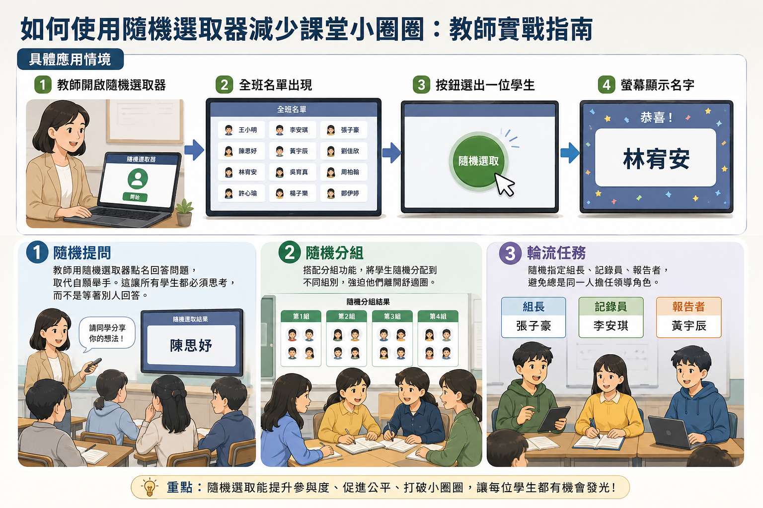 圖解流程：教師開啟隨機選取器 → 全班名單出現 → 按鈕選出一位學生 → 螢幕顯示名字