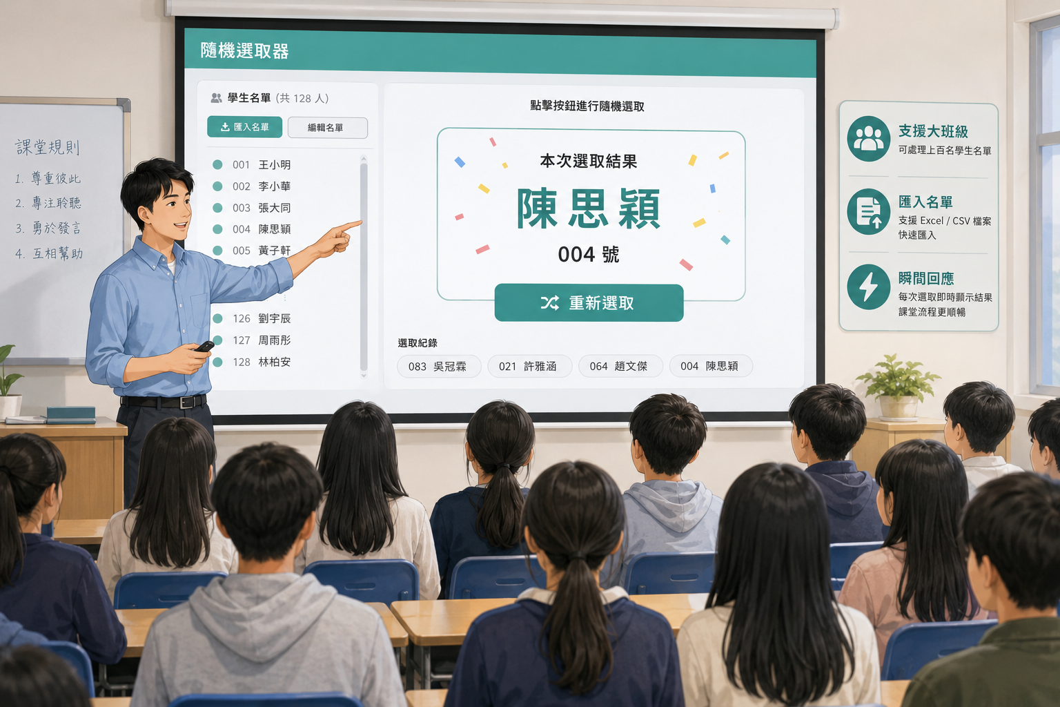 教師在投影幕上操作隨機選取器，學生看著螢幕等待名字出現
