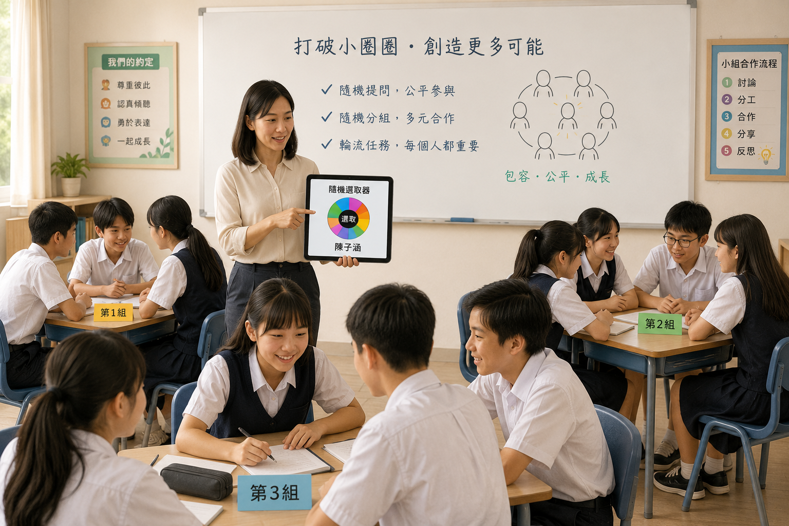 教室中學生分為幾個小圈圈，一位老師站在前方使用平板上的隨機選取器
