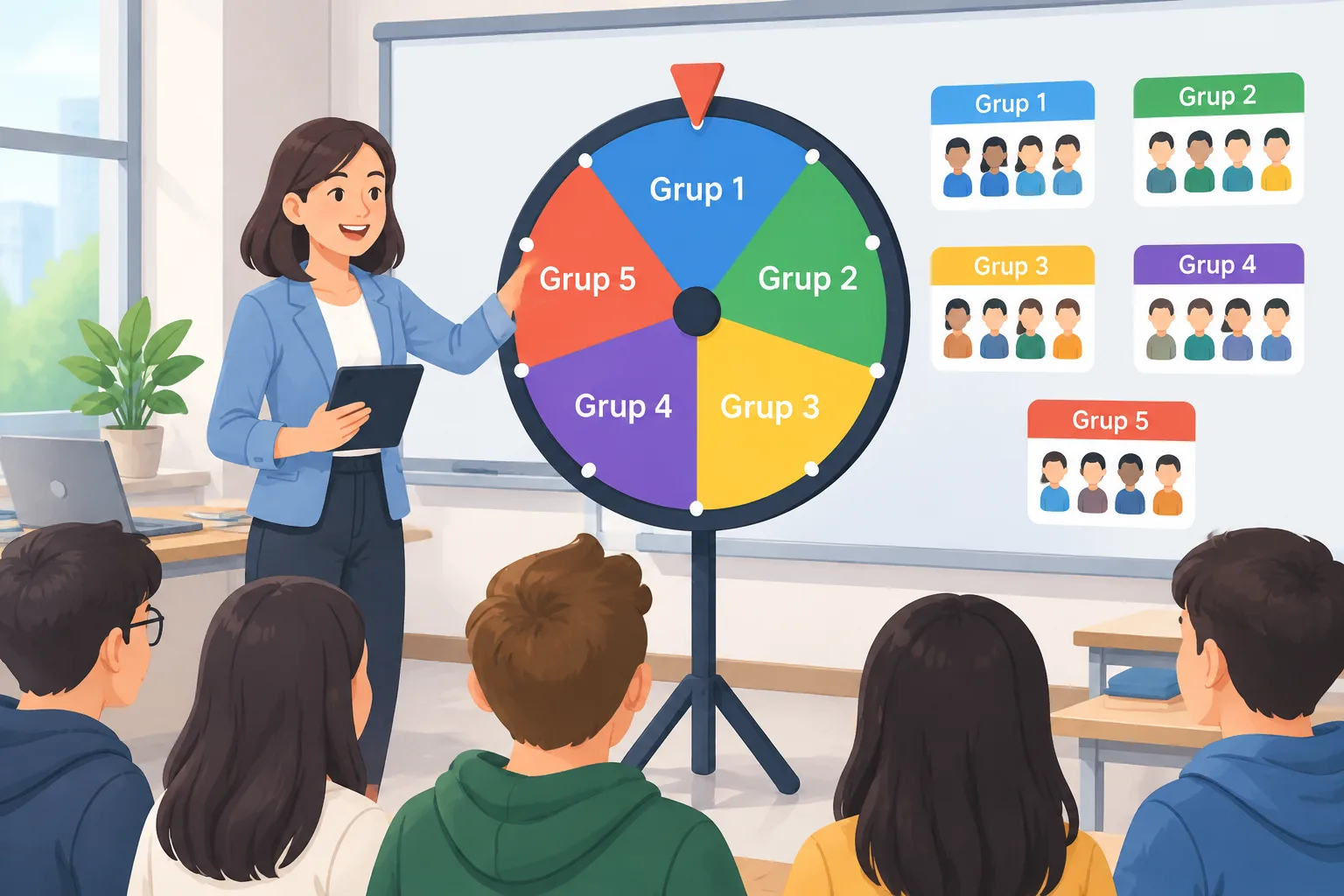 Clean 16:9 instructional illustration of a spinning wheel split into colored segments labeled