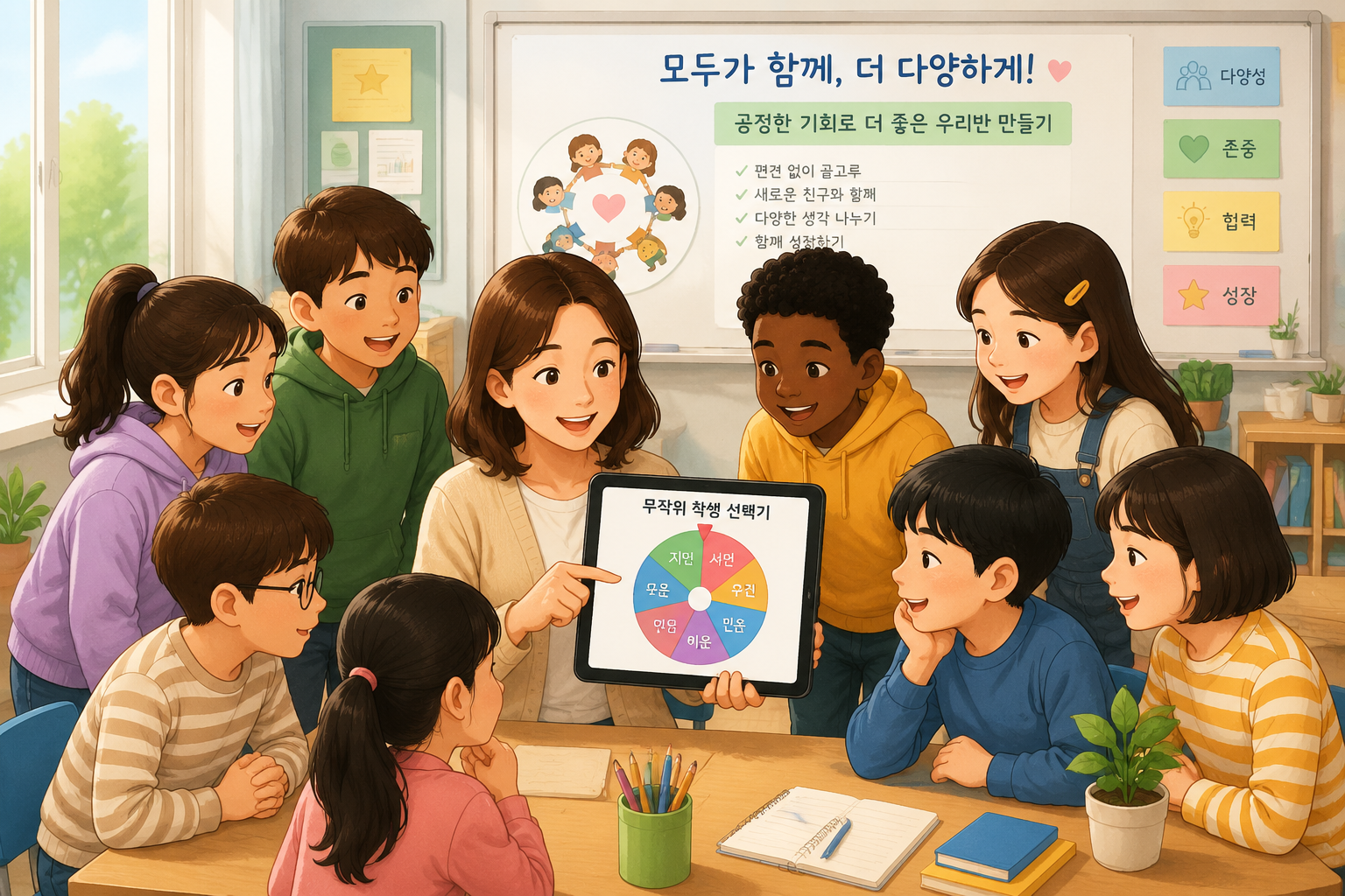 교실에서 태블릿으로 무작위 학생 선택기를 사용하는 교사와 주변에 둘러선 다양한 학생들, 밝고 포용적인 분위기의 삽화