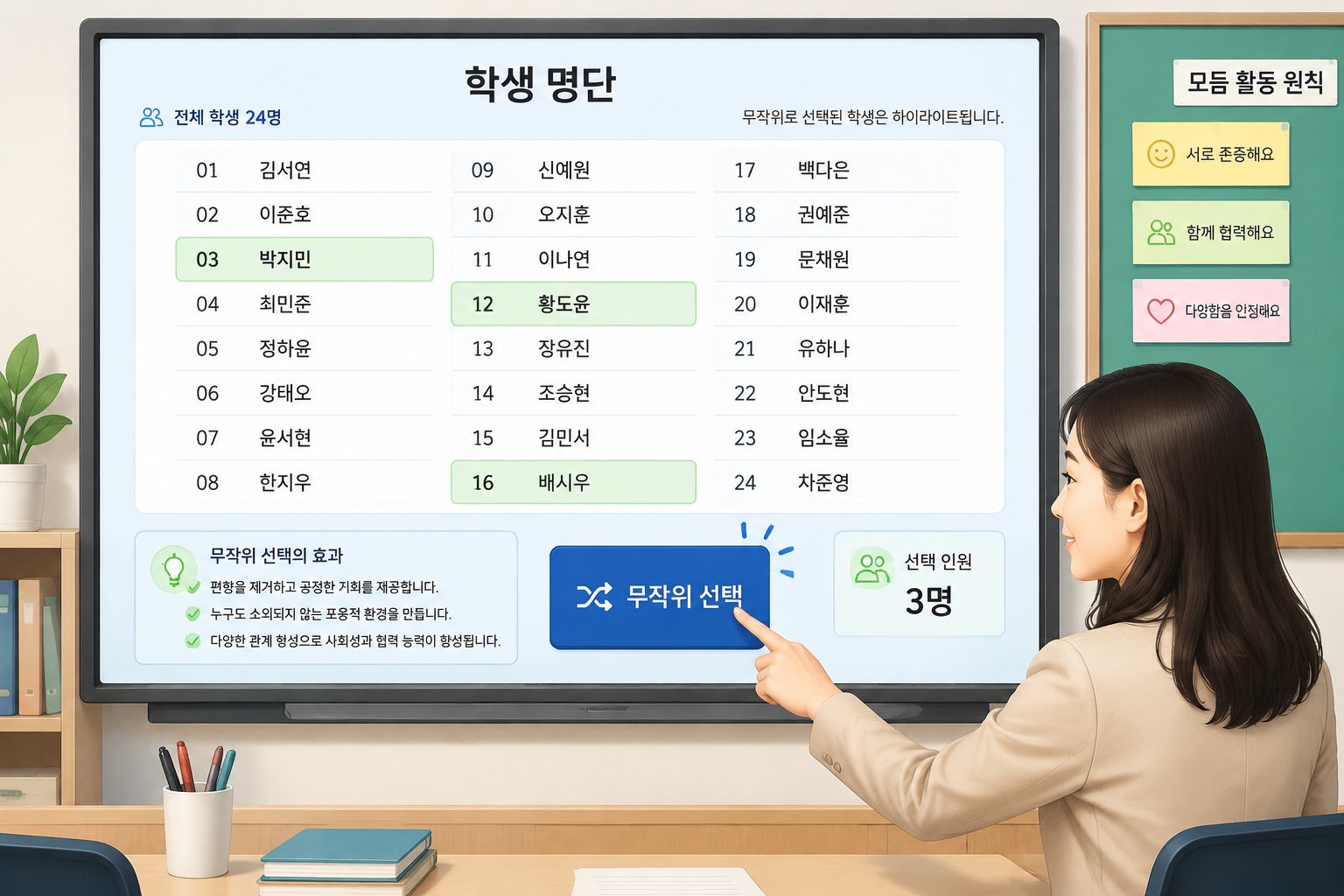 학생 명단이 적힌 화면에서 '무작위 선택' 버튼을 누르는 모습과 몇 개의 이름이 강조 표시된 깔끔한 인터페이스 그림