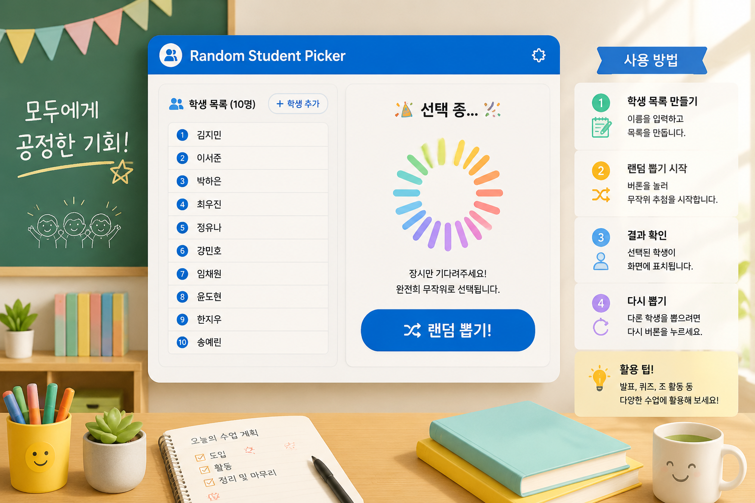 Clean interface of the Random Student Picker tool showing a list of student names, a large pick button, and an animated spinner. Bright classroom-friendly colors.