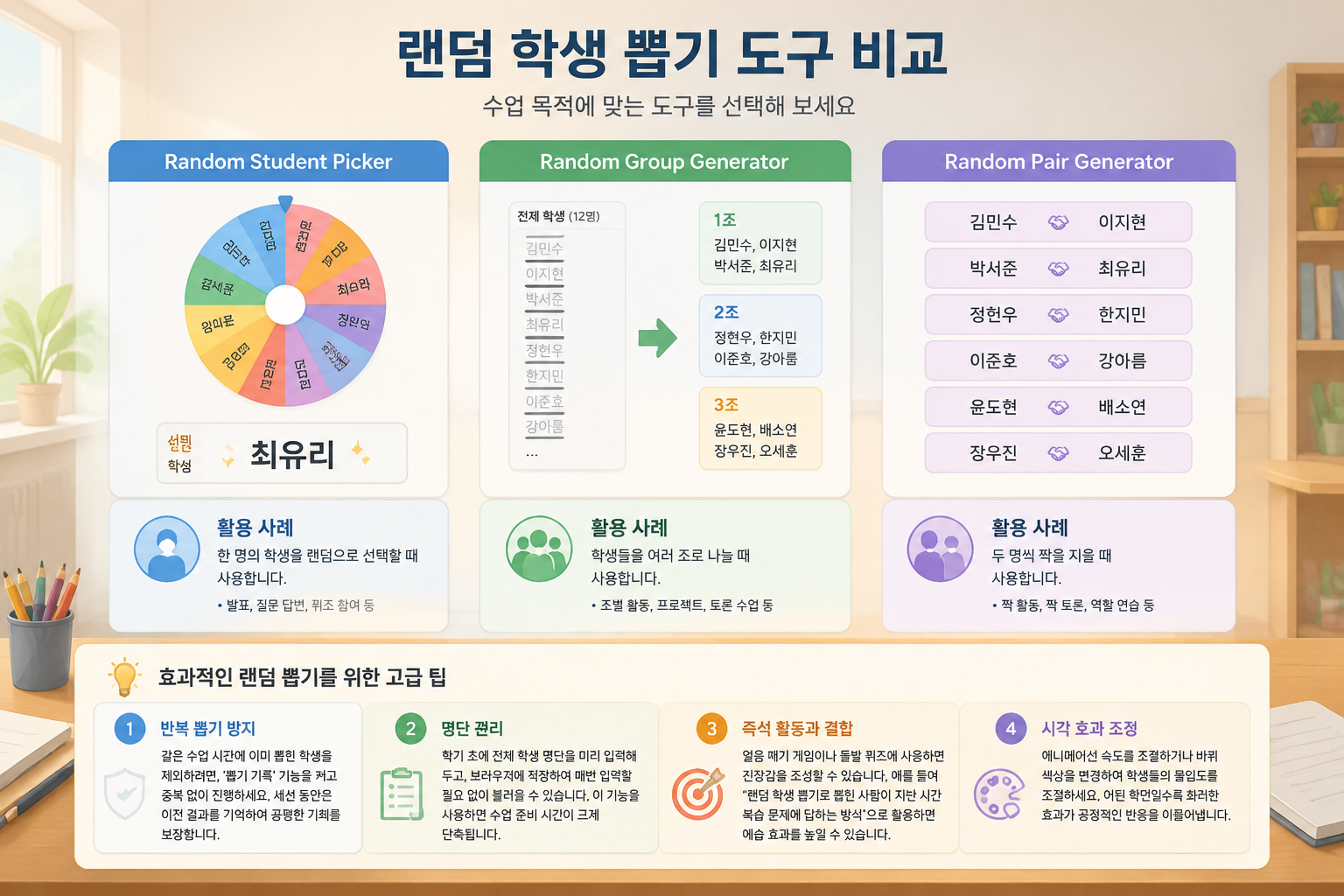 Comparison chart showing three tool windows: Random Student Picker picking one name, Random Group Generator splitting class into groups, Random Pair Generator creating pairs, each with a highlighted use case.