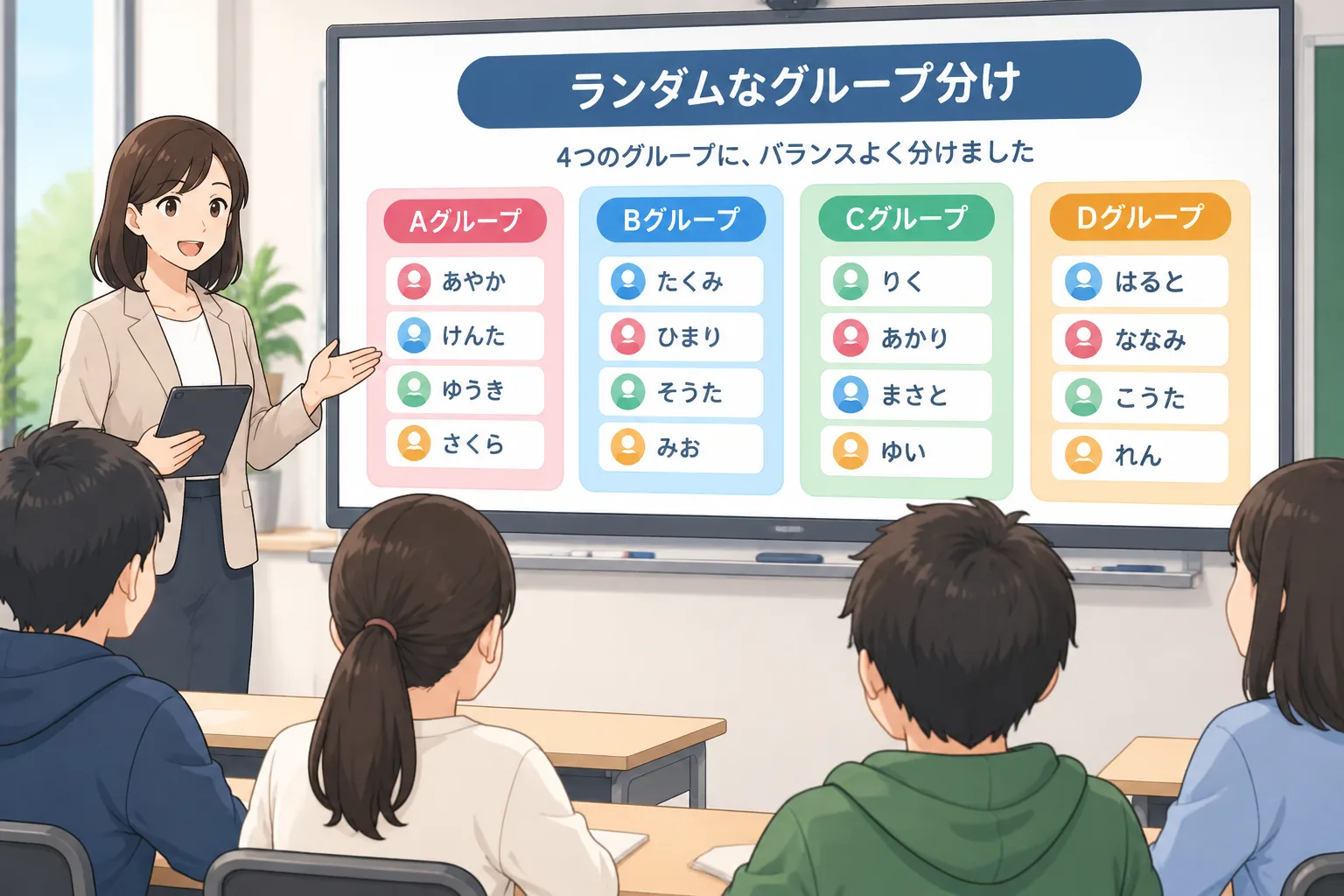 clean instructional illustration of name cards being sorted into four balanced groups on a classroom
