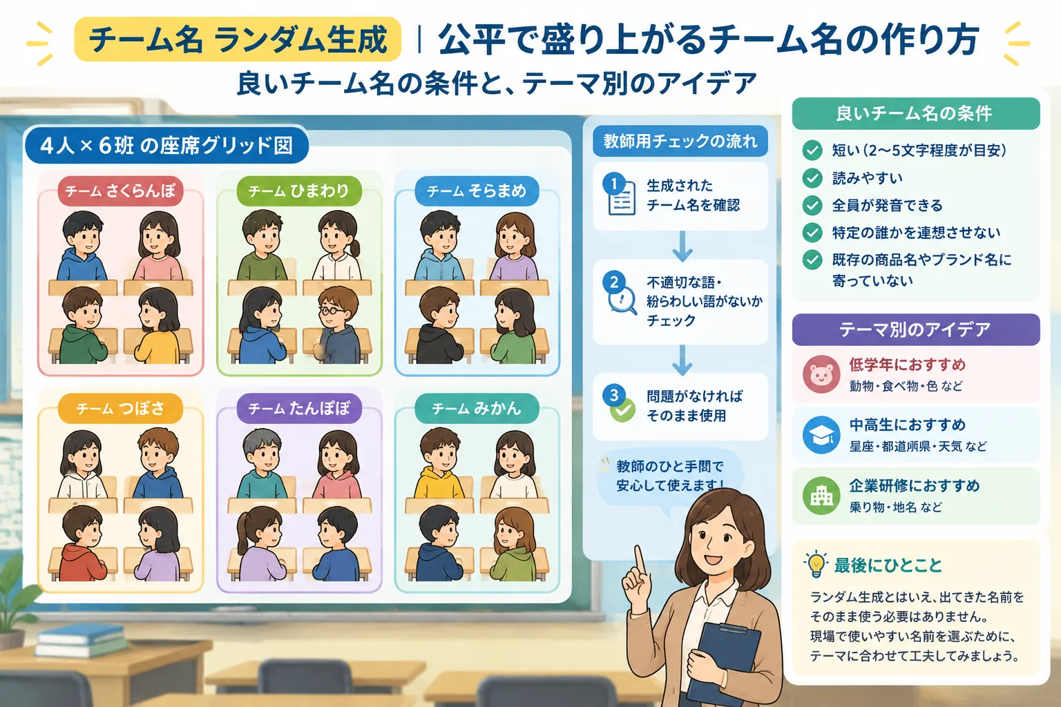 16:9 で、4人×6班の座席グリッド図。各グループにランダム生成されたチーム名ラベルが付き、教師用チェックの流れが矢印で示されている